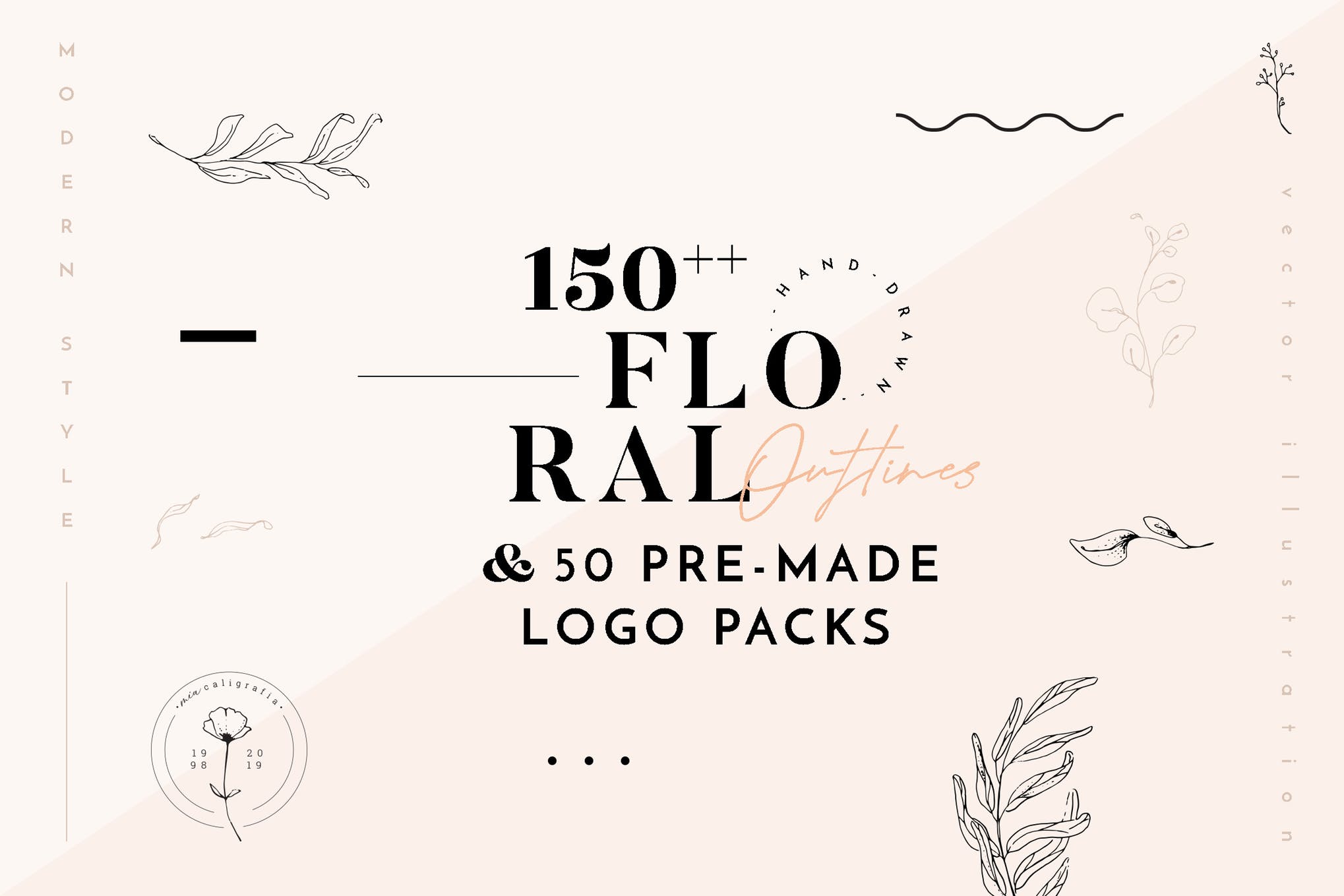 150 Floral Outline Illustration & Logo Pack with ...